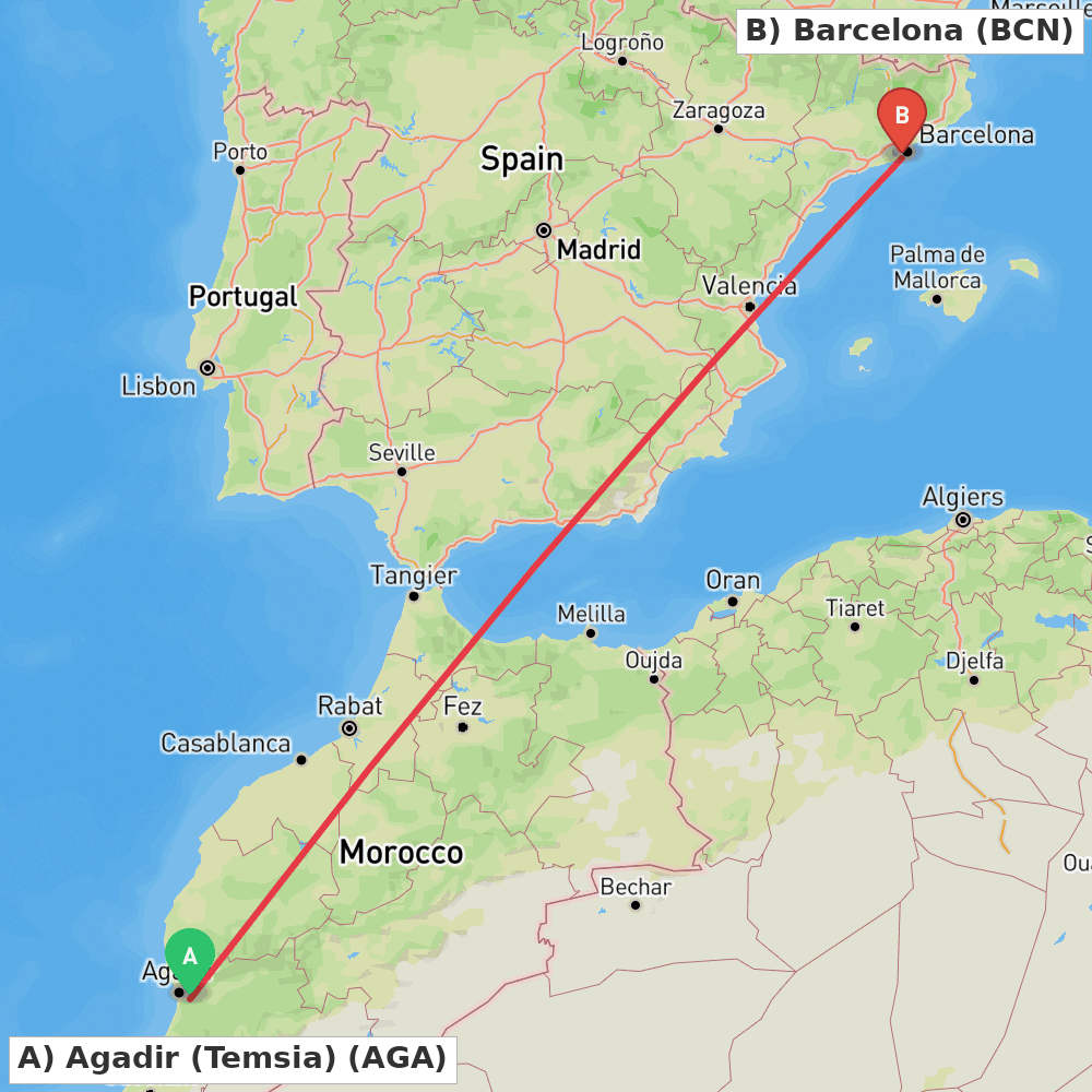 Flight route map from Agadir (Temsia) to Barcelona