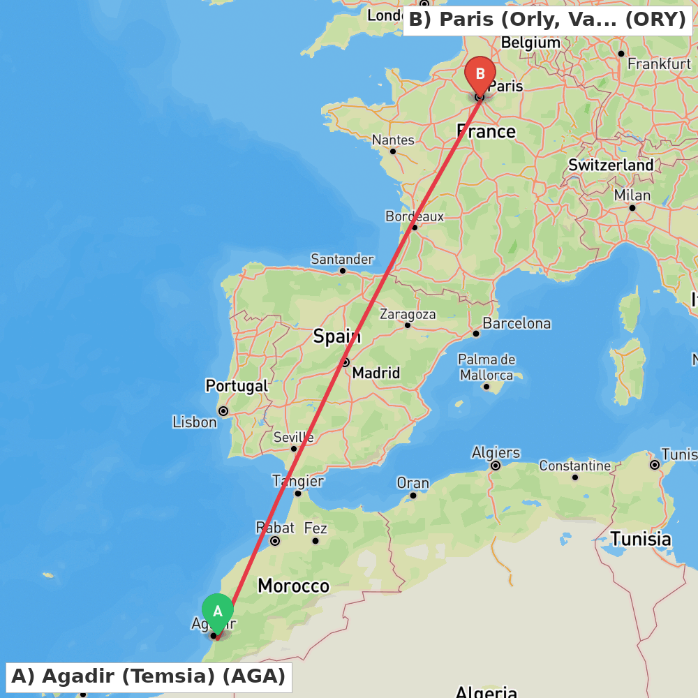 Flight route map from Agadir (Temsia) to Paris (Orly, Val-de-Marne)
