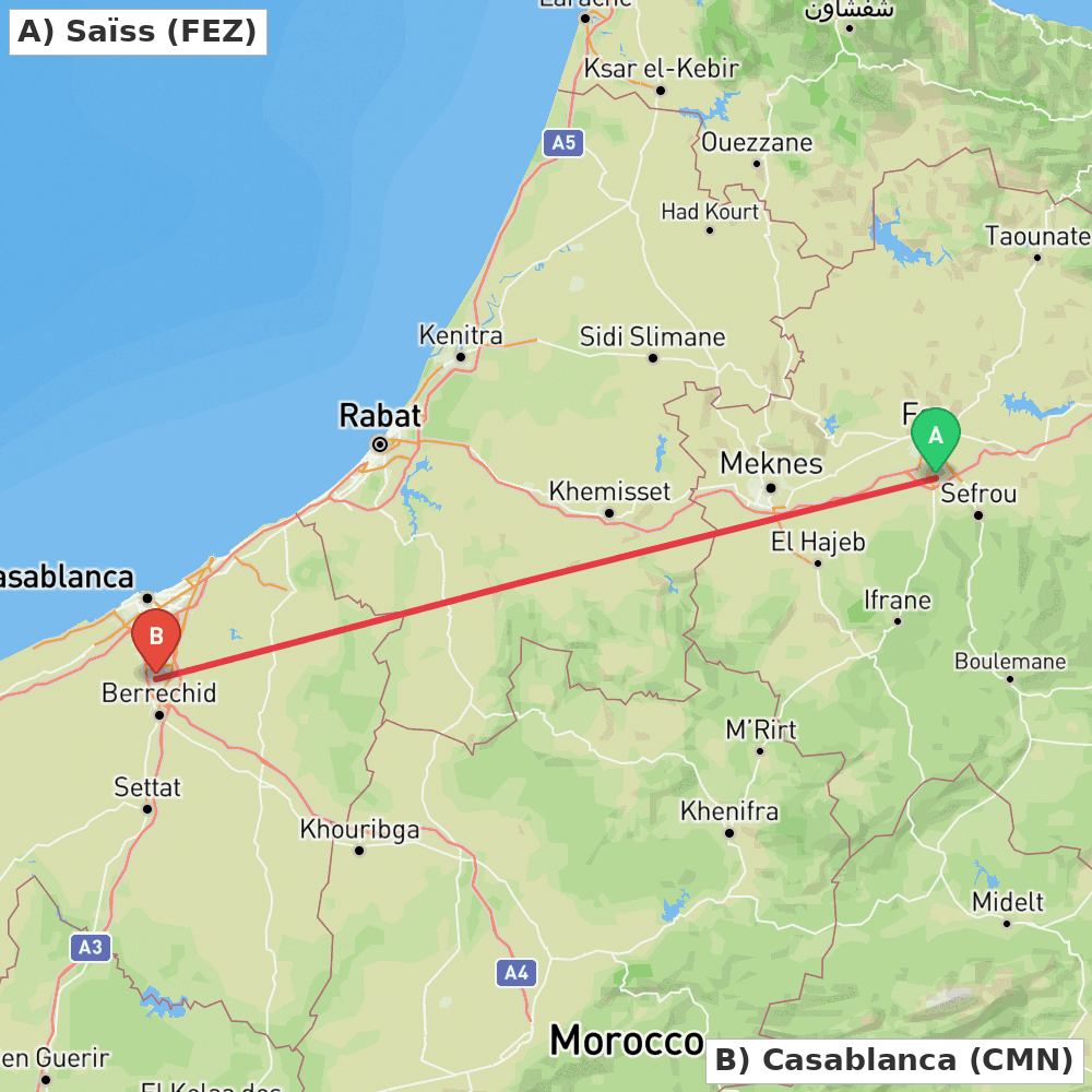 Flight route map from Saïss to Casablanca
