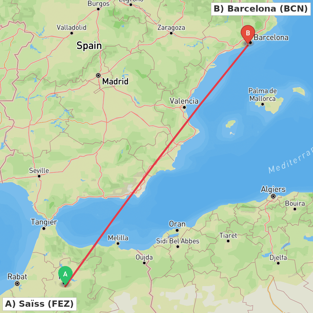 Flight route map from Saïss to Barcelona