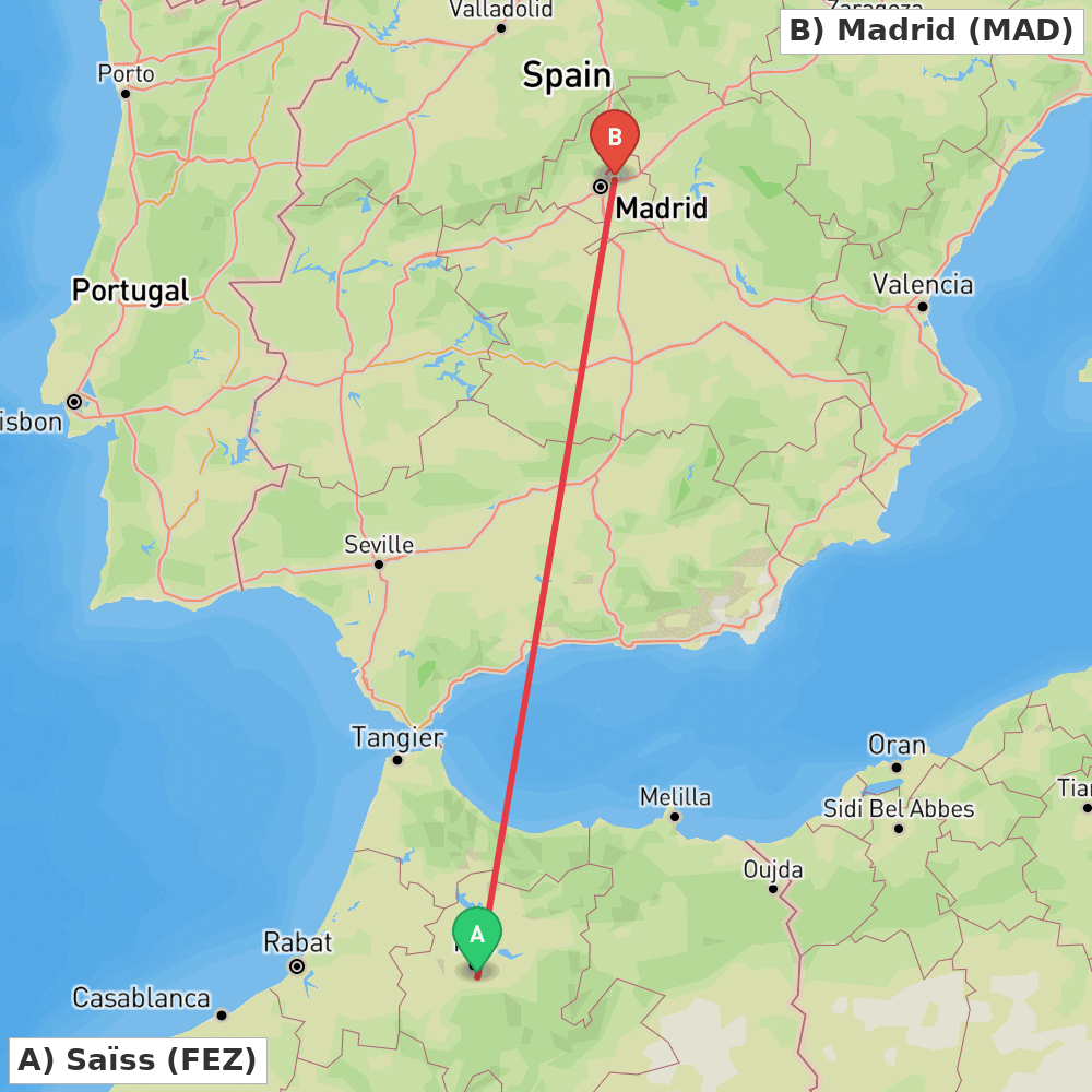 Flight route map from Saïss to Madrid