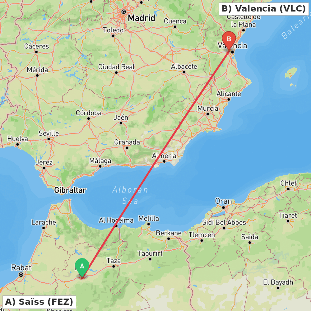 Flight route map from Saïss to Valencia