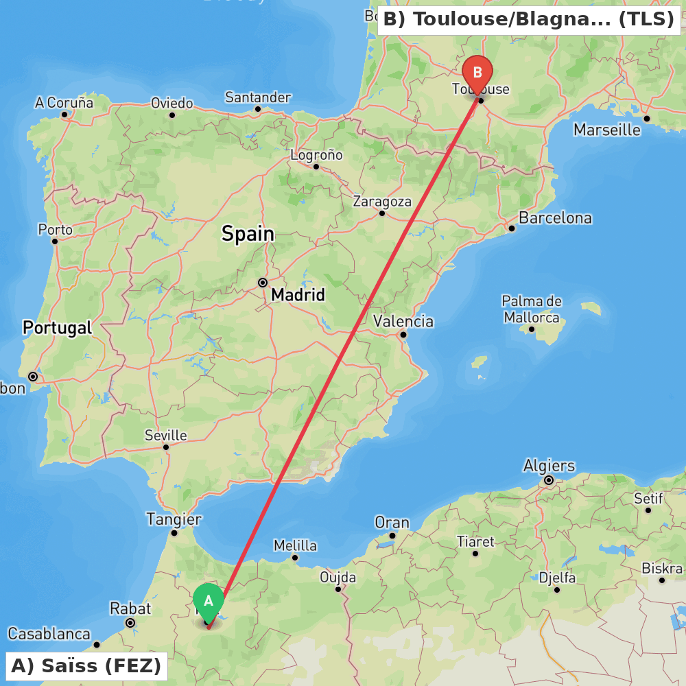 Flight route map from Saïss to Toulouse/Blagnac