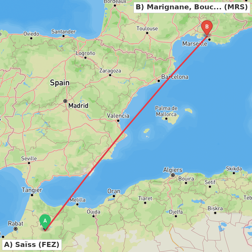 Flight route map from Saïss to Marignane, Bouches-du-Rhône
