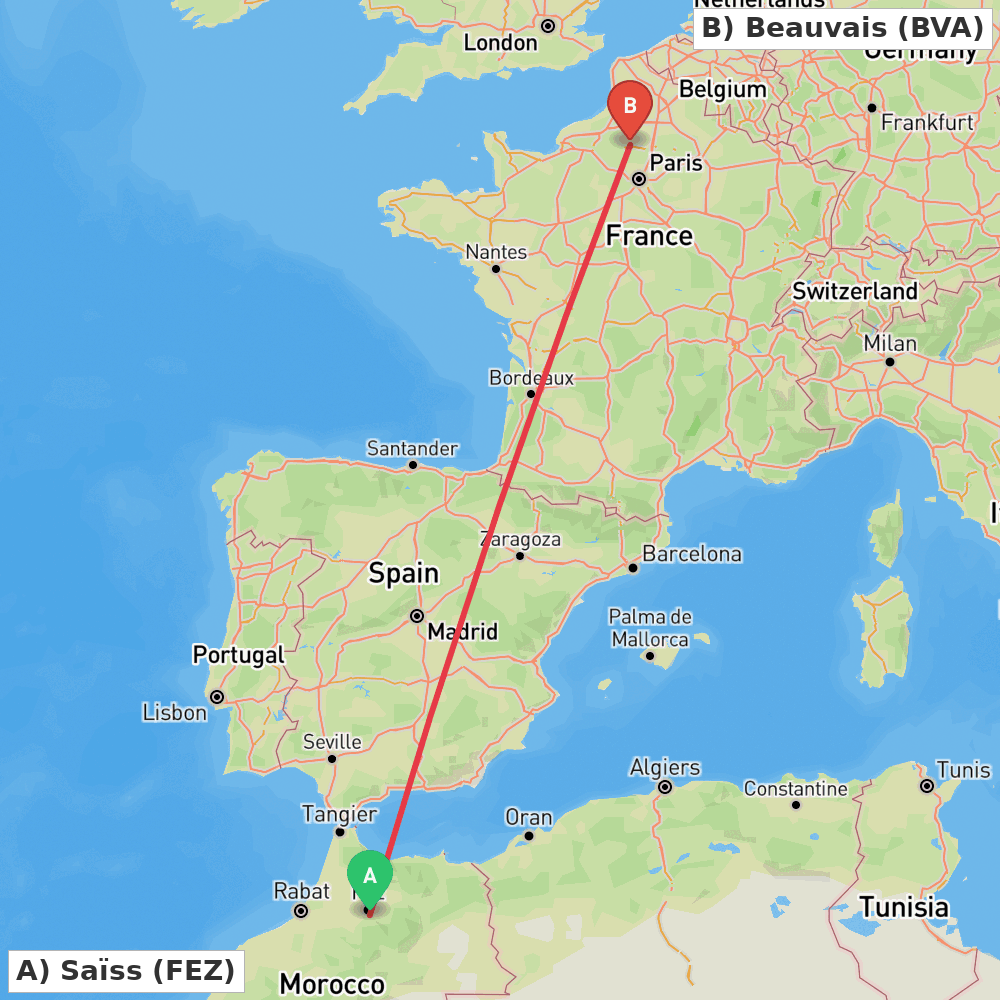 Flight route map from Saïss to Beauvais