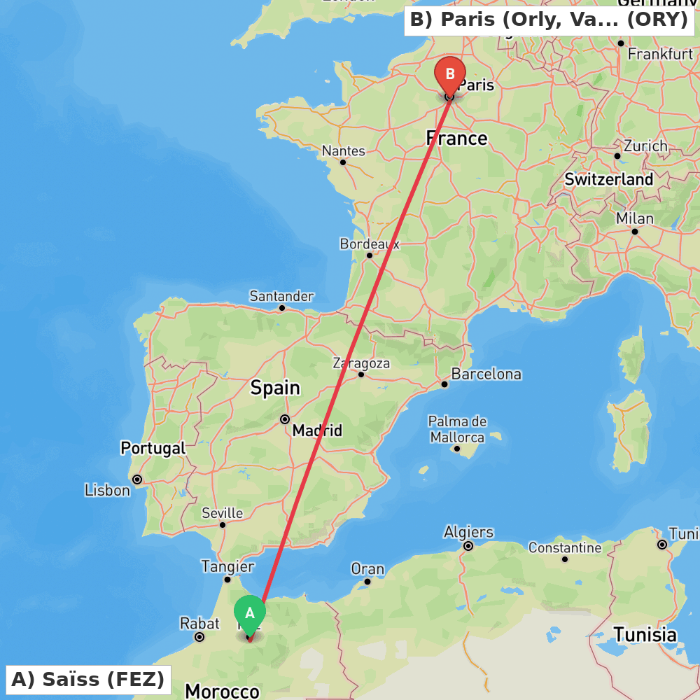 Flight route map from Saïss to Paris (Orly, Val-de-Marne)