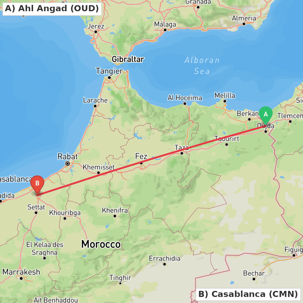 Flight route map from Ahl Angad to Casablanca