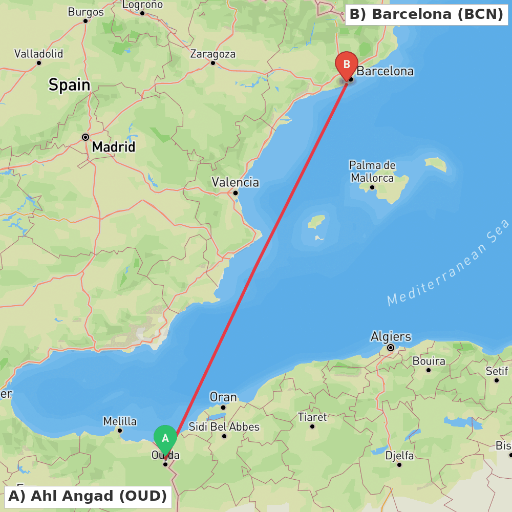 Flight route map from Ahl Angad to Barcelona