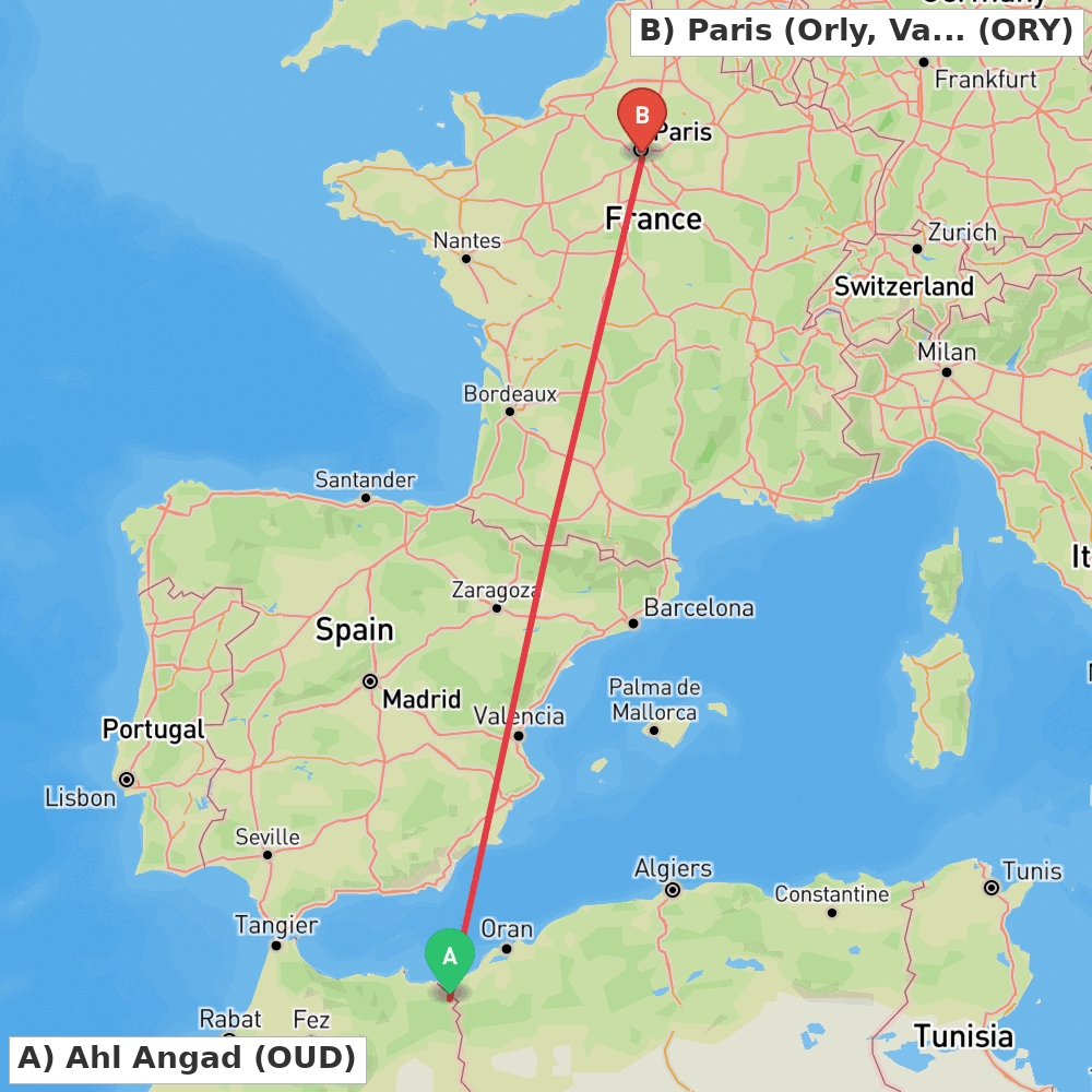 Flight route map from Ahl Angad to Paris (Orly, Val-de-Marne)