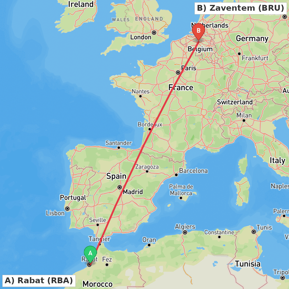 Flight route map from Rabat to Zaventem