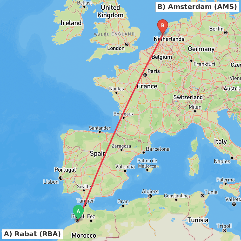 Flight route map from Rabat to Amsterdam