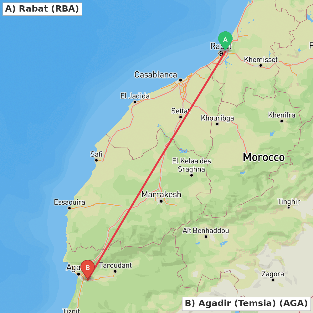 Flight route map from Rabat to Agadir (Temsia)