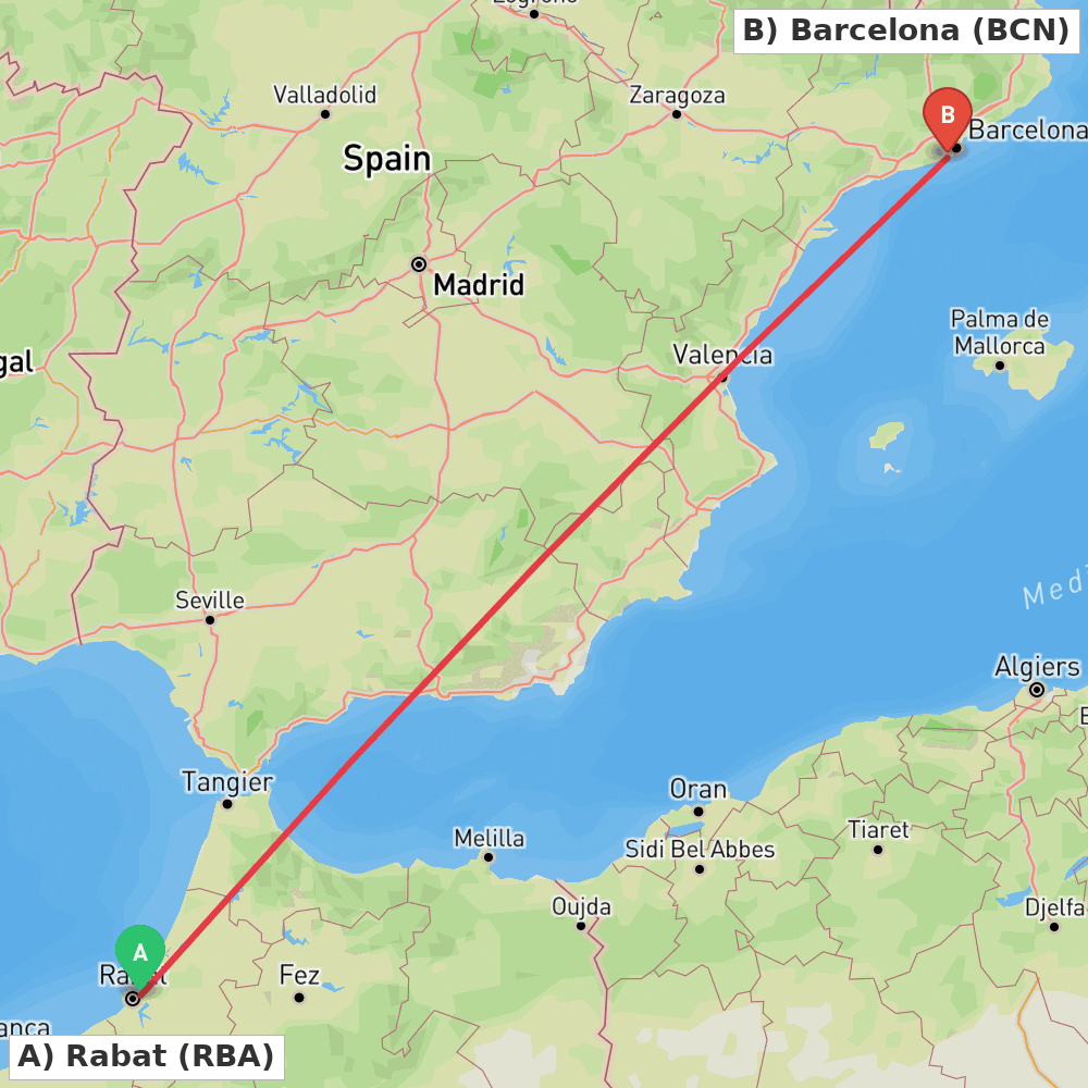 Flight route map from Rabat to Barcelona