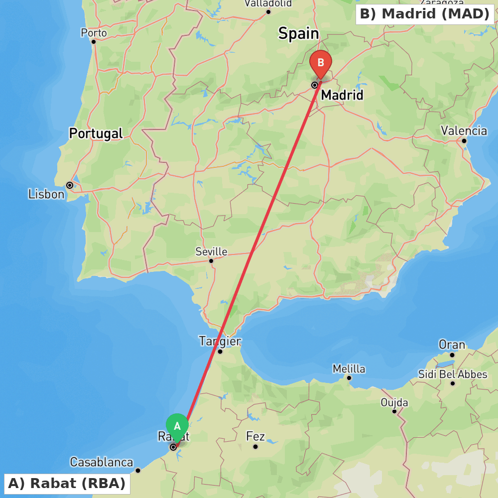 Flight route map from Rabat to Madrid