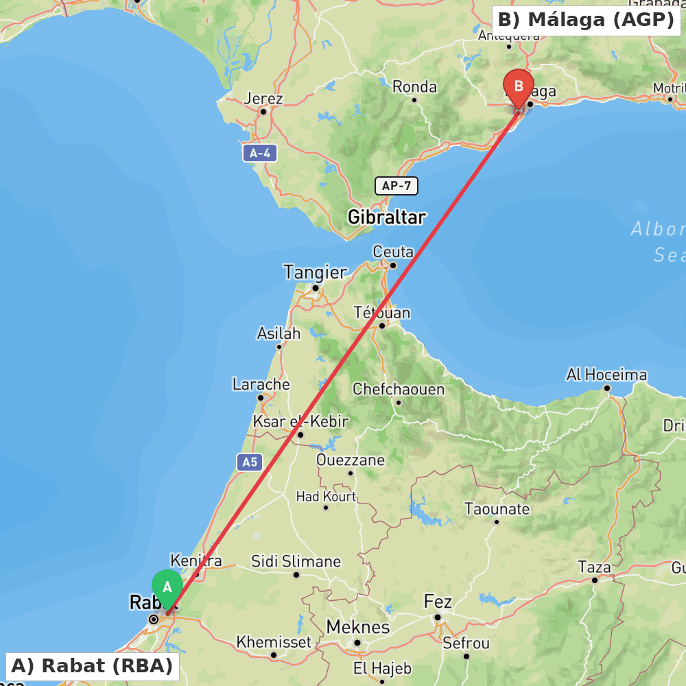 Flight route map from Rabat to Málaga