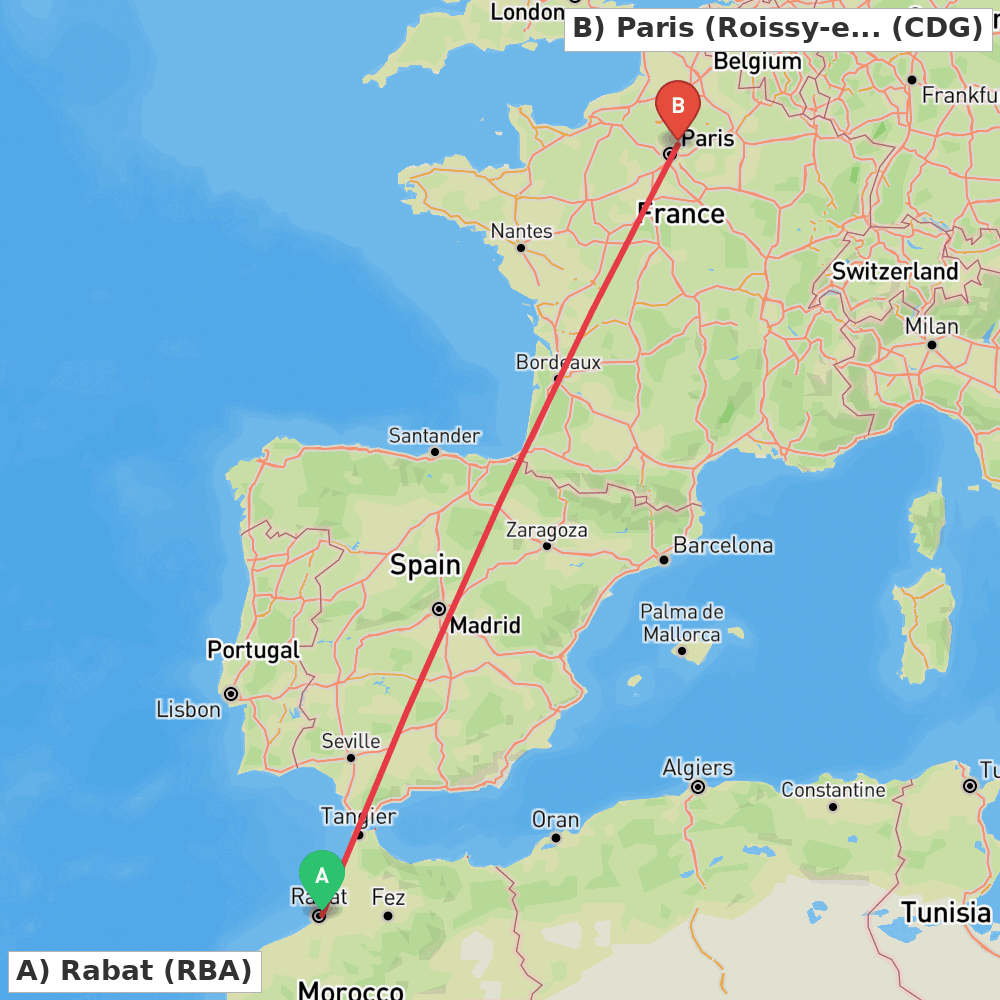 Flight route map from Rabat to Paris (Roissy-en-France, Val-d'Oise)