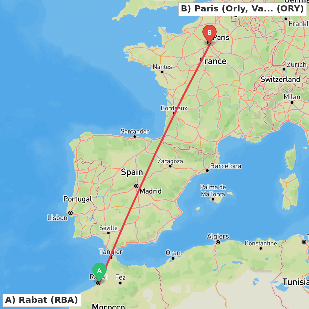 Flight route map from Rabat to Paris (Orly, Val-de-Marne)
