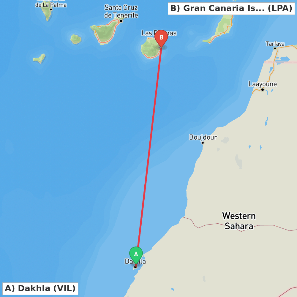 Flight route map from Dakhla to Gran Canaria Island
