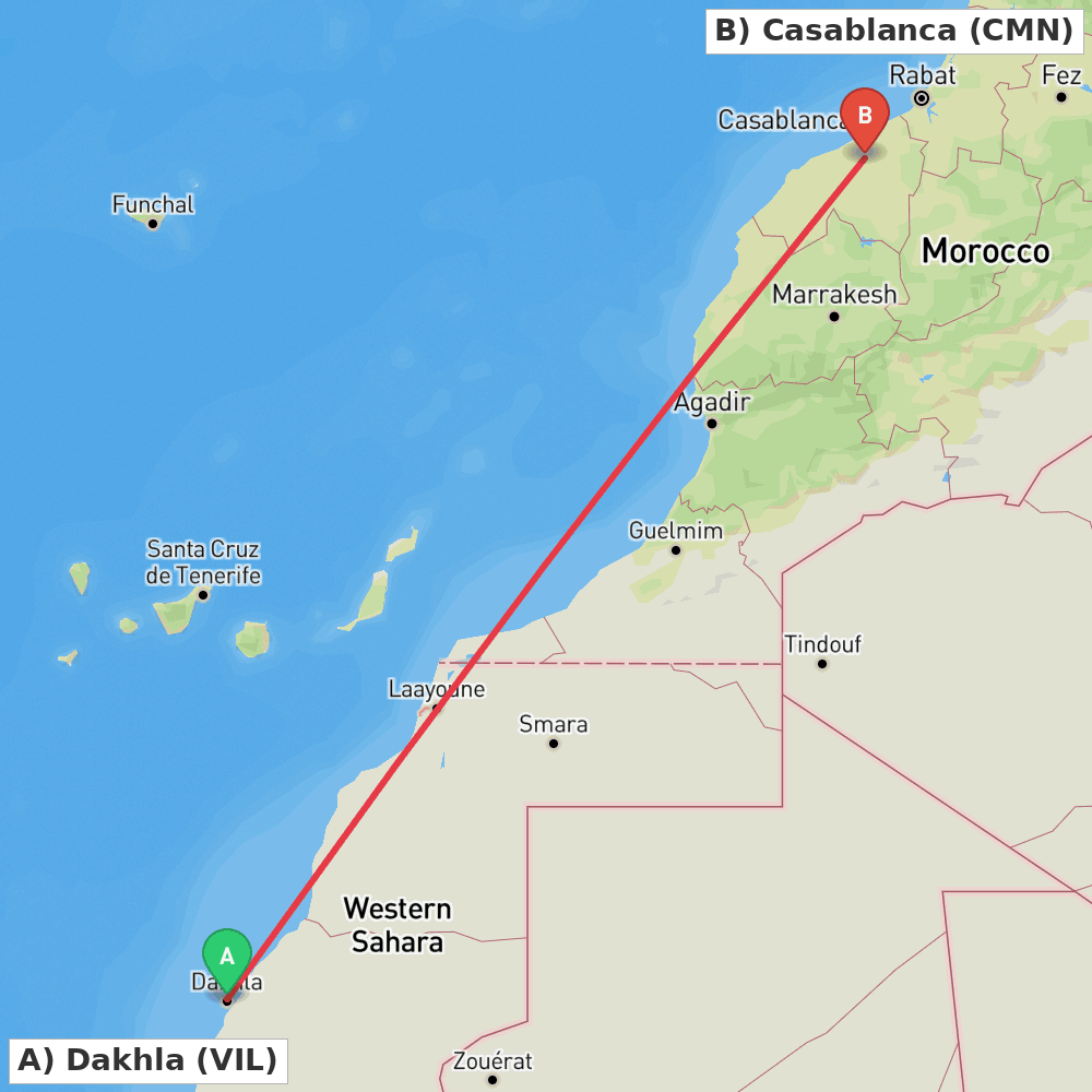 Flight route map from Dakhla to Casablanca