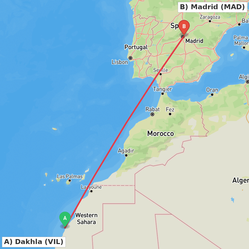 Flight route map from Dakhla to Madrid