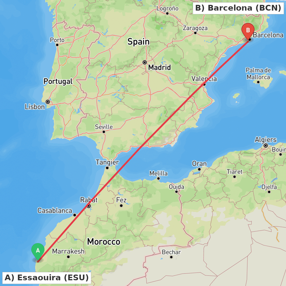 Flight route map from Essaouira to Barcelona