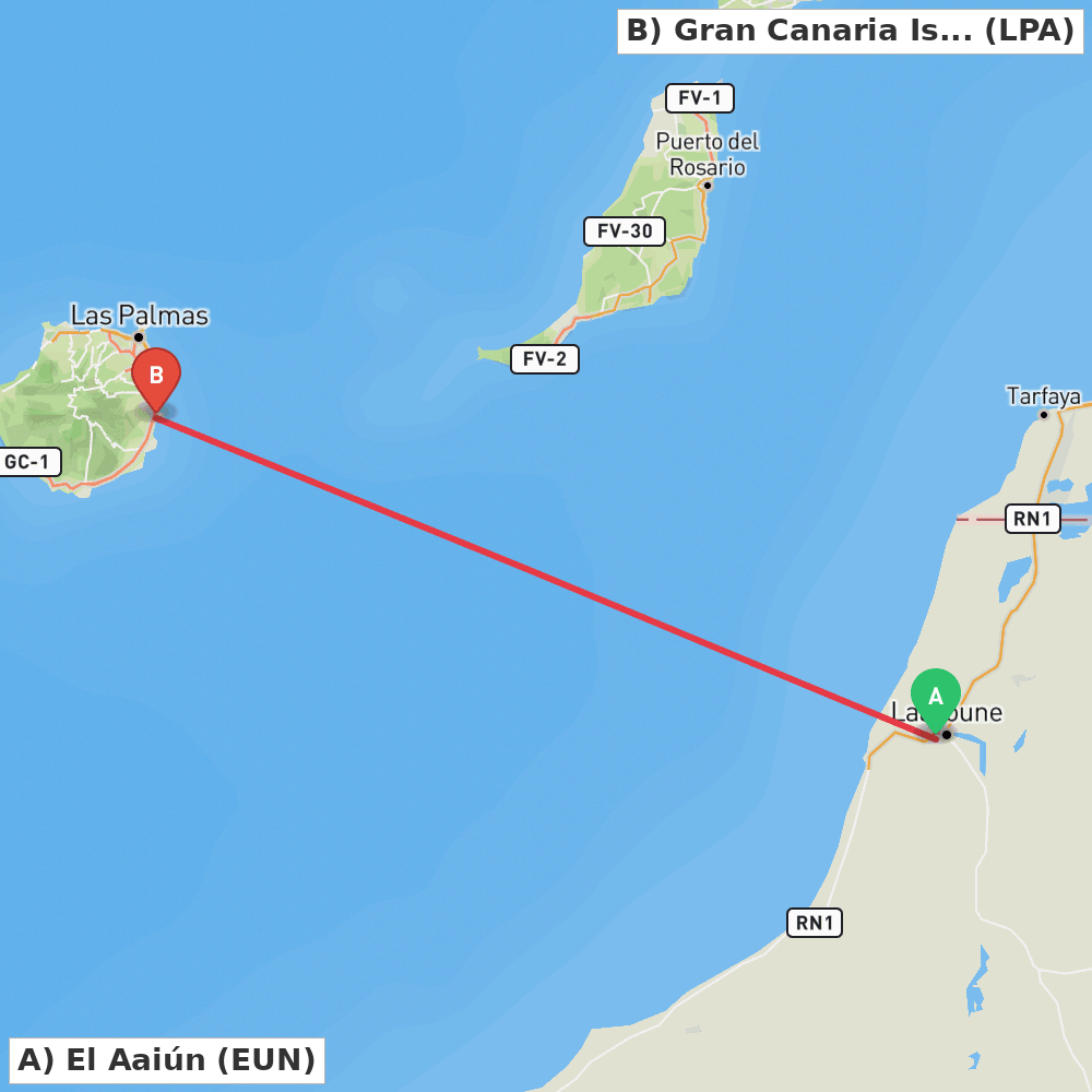 Flight route map from El Aaiún to Gran Canaria Island