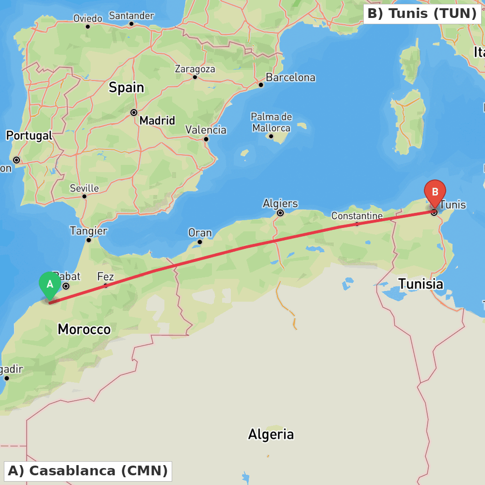 Flight route map from Casablanca to Tunis