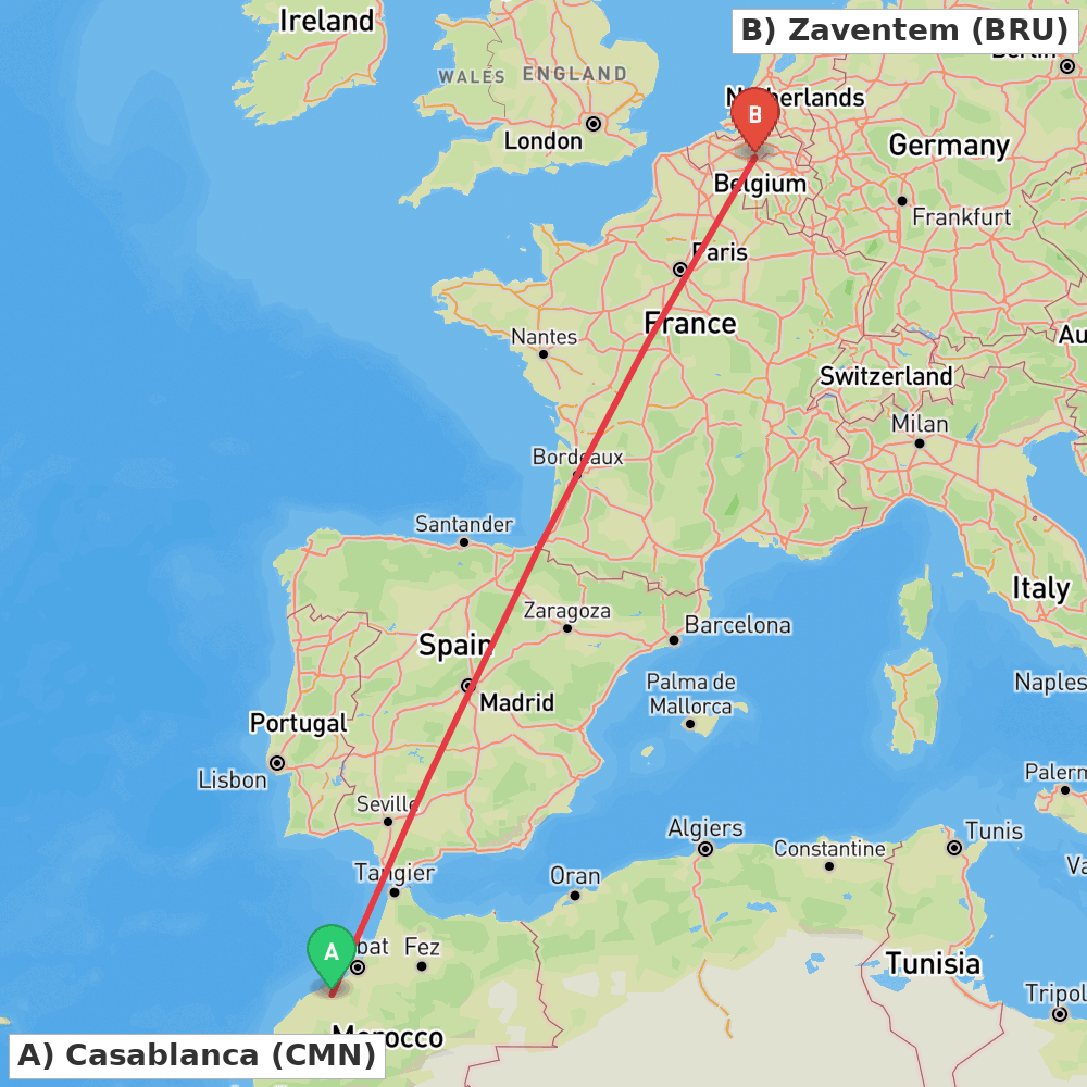 Flight route map from Casablanca to Zaventem