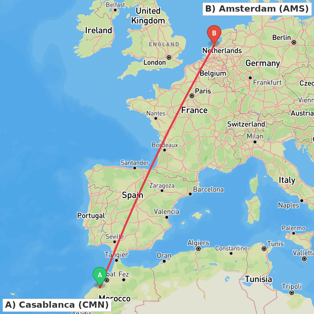 Flight route map from Casablanca to Amsterdam