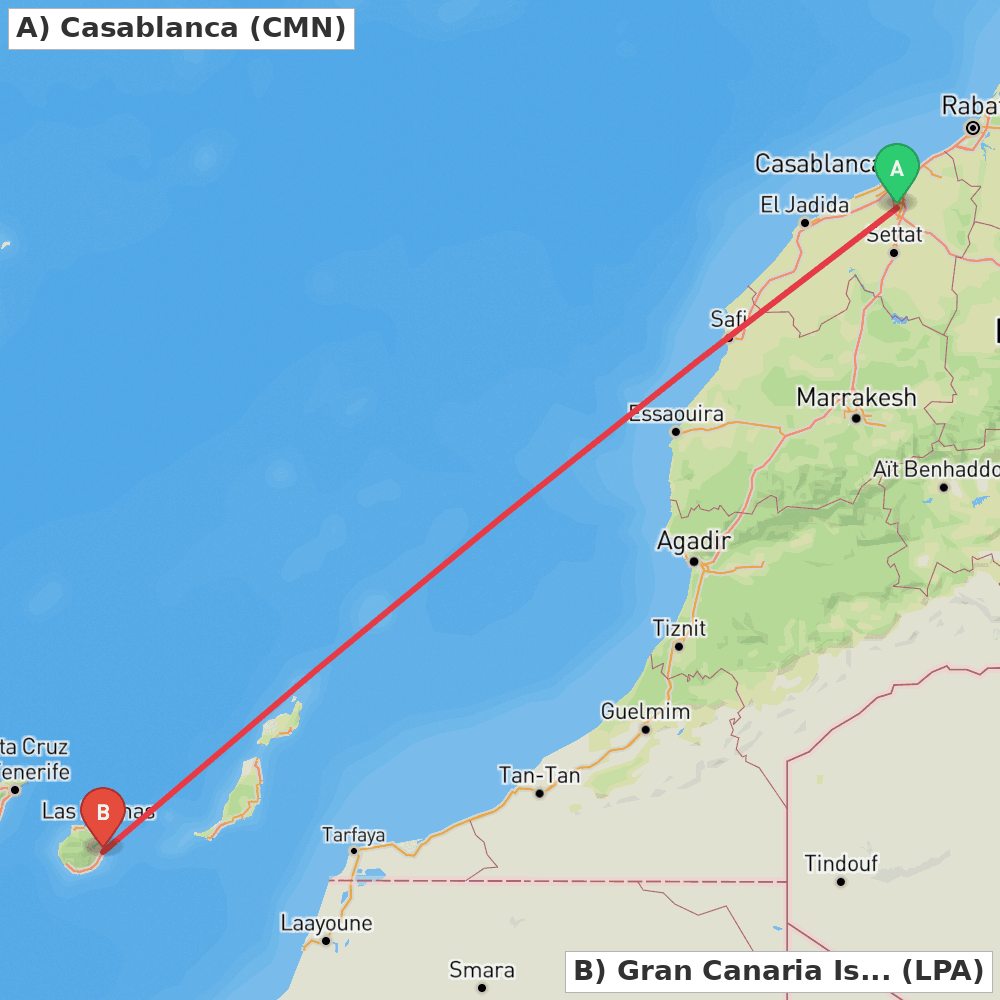 Flight route map from Casablanca to Gran Canaria Island