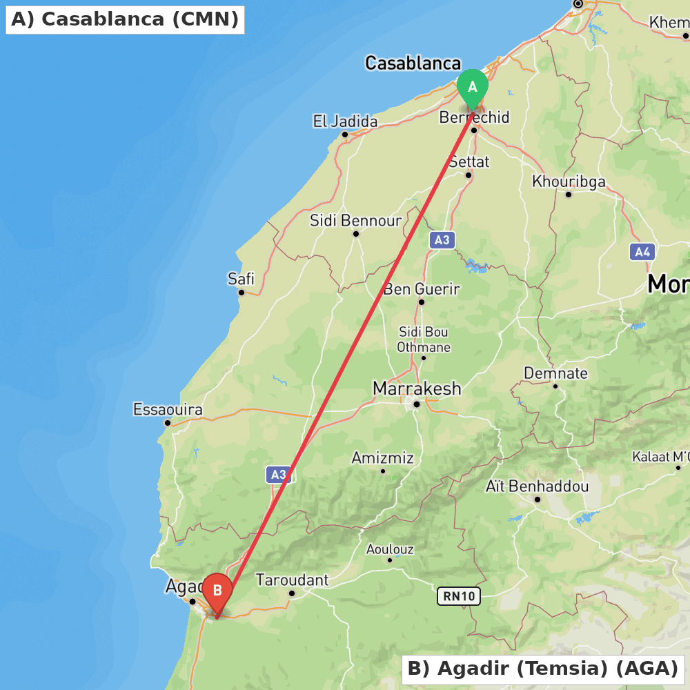 Flight route map from Casablanca to Agadir (Temsia)