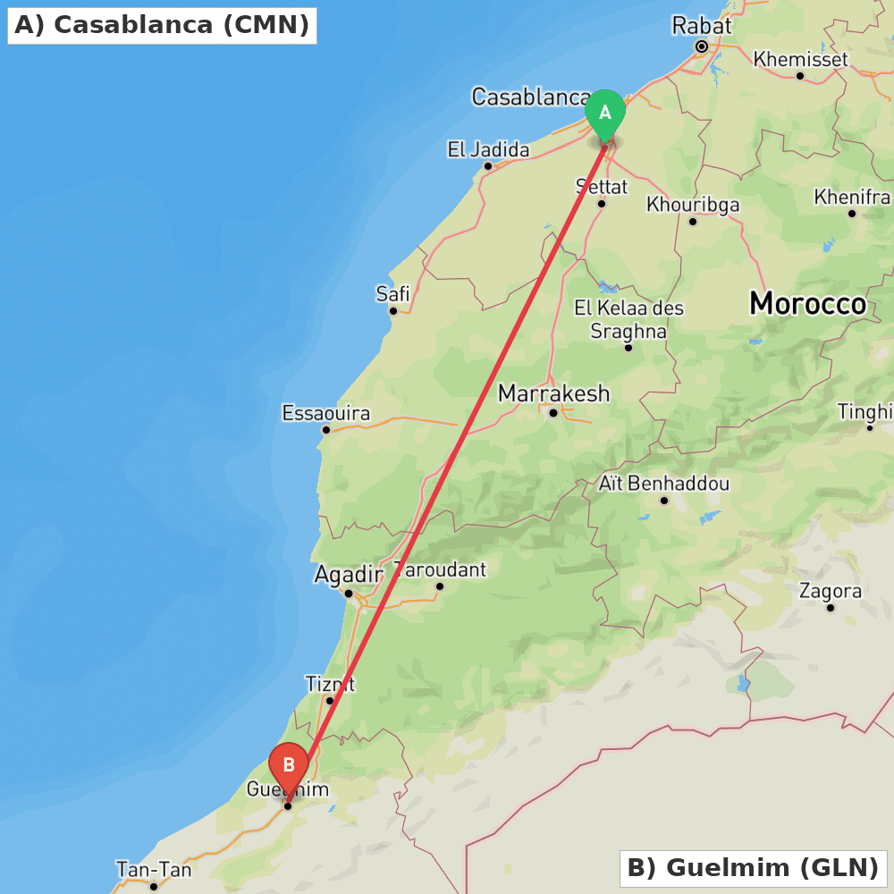 Flight route map from Casablanca to Guelmim