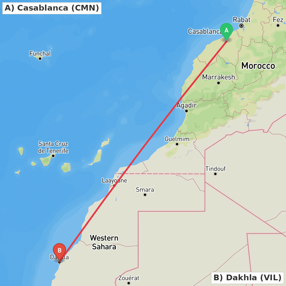 Flight route map from Casablanca to Dakhla