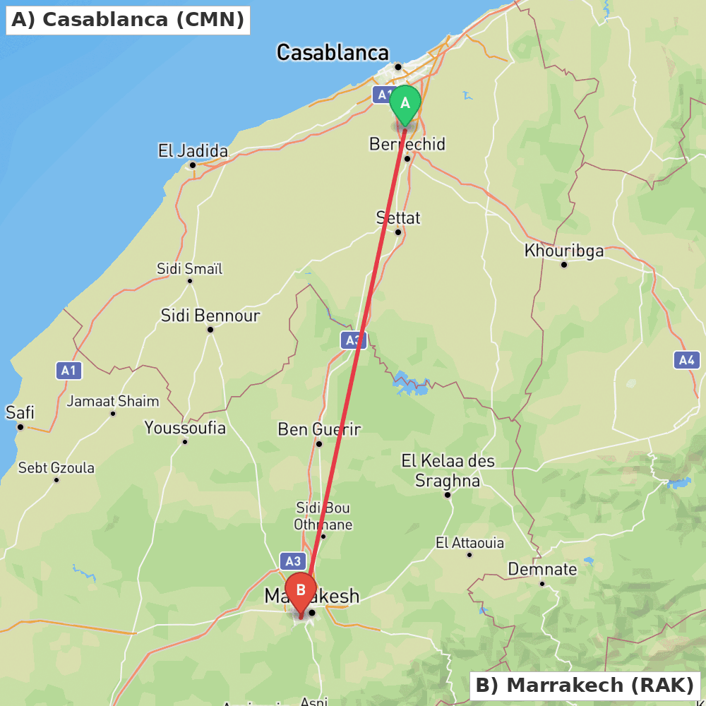 Flight route map from Casablanca to Marrakech