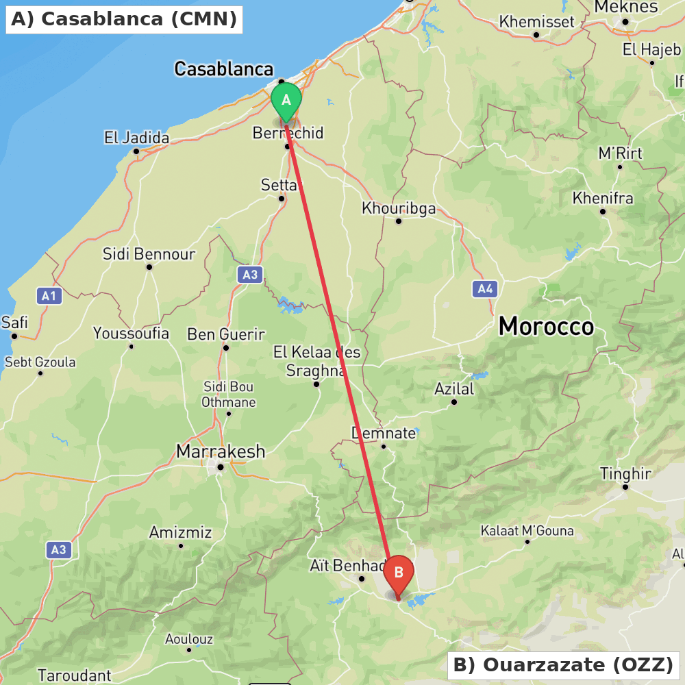 Flight route map from Casablanca to Ouarzazate