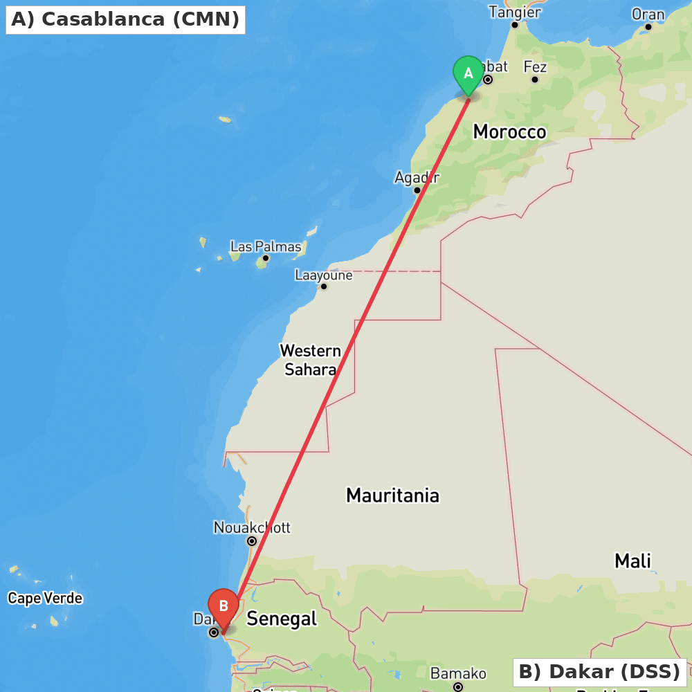 Flight route map from Casablanca to Dakar