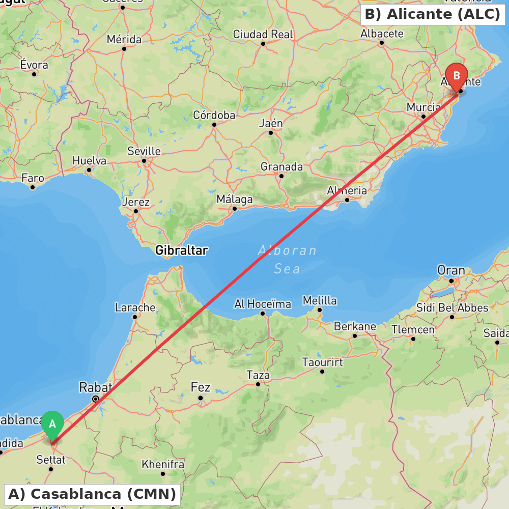 Flight route map from Casablanca to Alicante