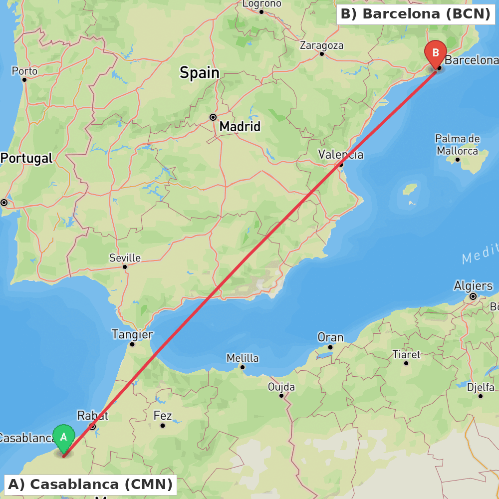 Flight route map from Casablanca to Barcelona