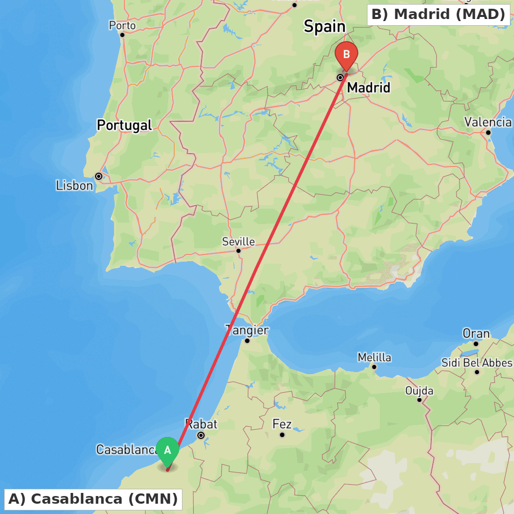 Flight route map from Casablanca to Madrid