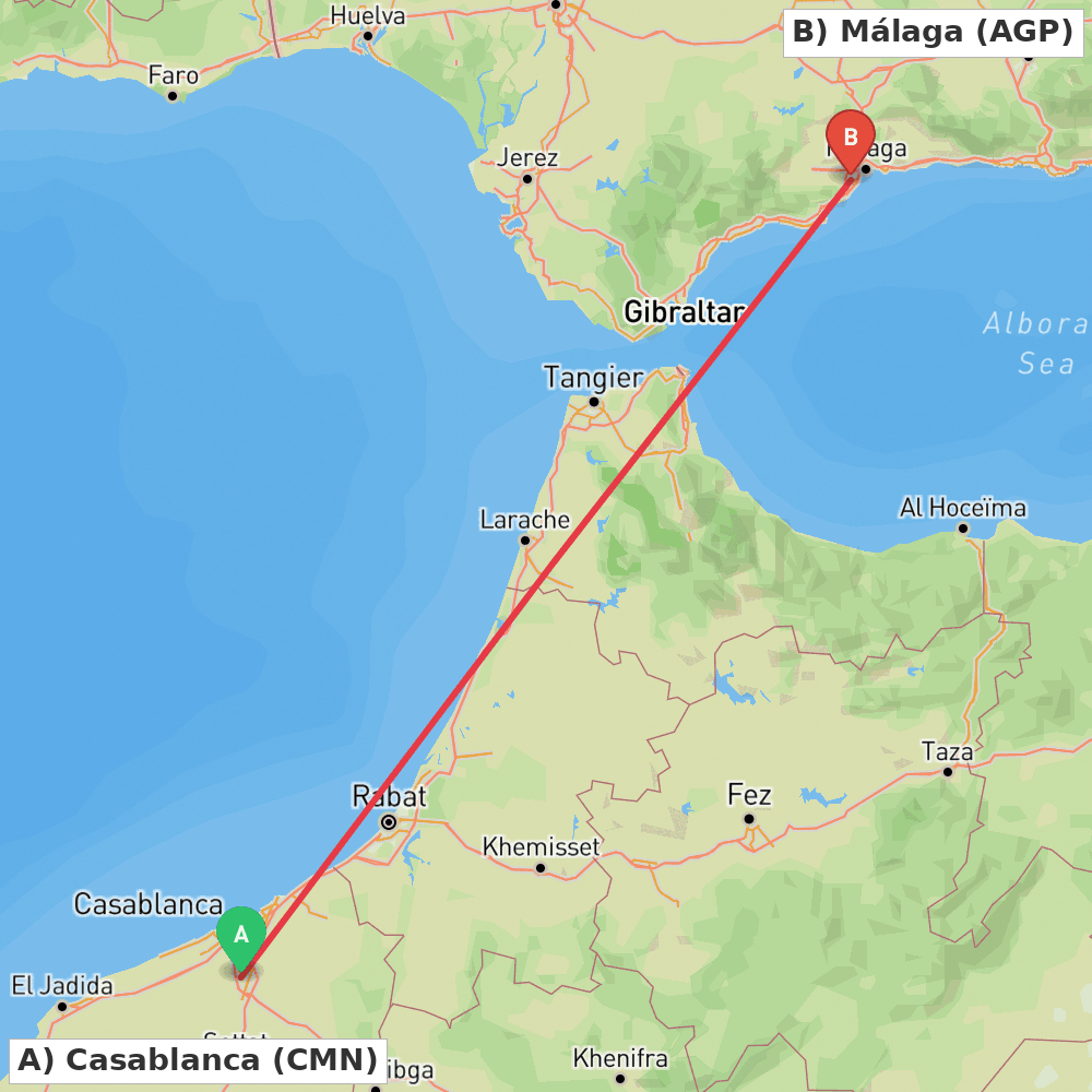 Flight route map from Casablanca to Málaga
