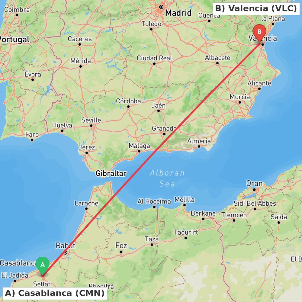 Flight route map from Casablanca to Valencia