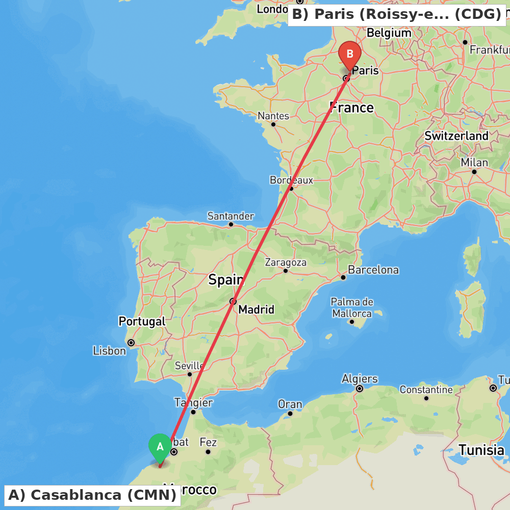 Flight route map from Casablanca to Paris (Roissy-en-France, Val-d'Oise)