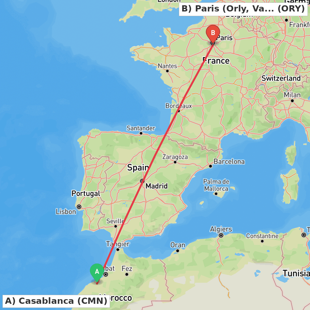 Flight route map from Casablanca to Paris (Orly, Val-de-Marne)