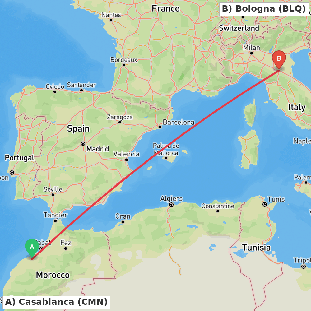 Flight route map from Casablanca to Bologna