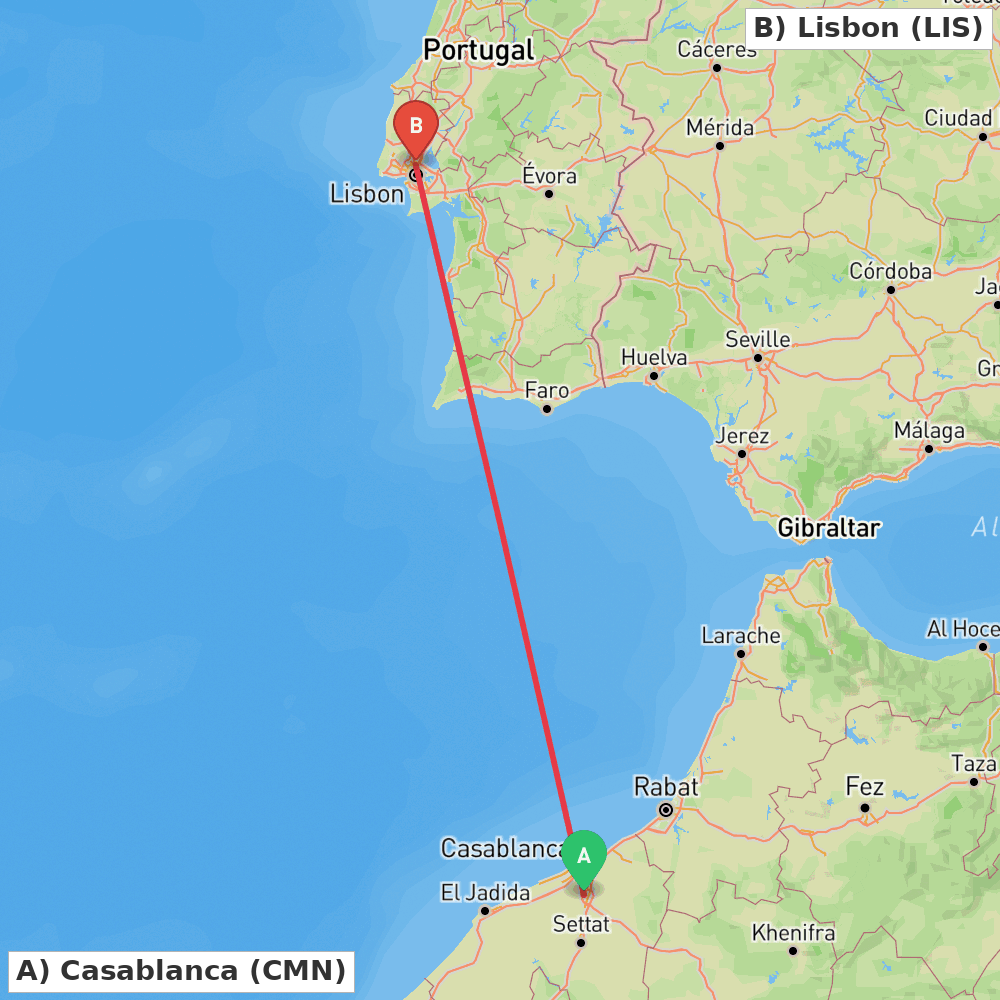 Flight route map from Casablanca to Lisbon