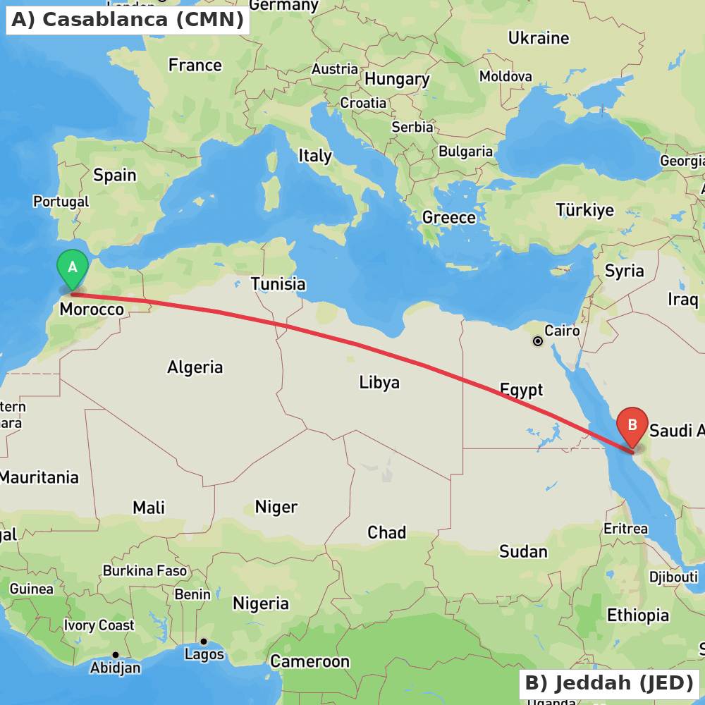 Flight route map from Casablanca to Jeddah