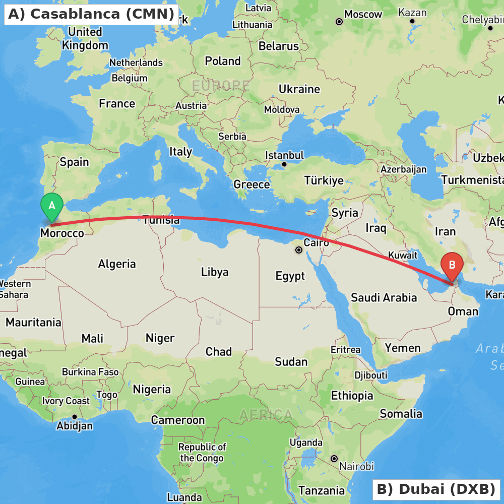 Flight route map from Casablanca to Dubai