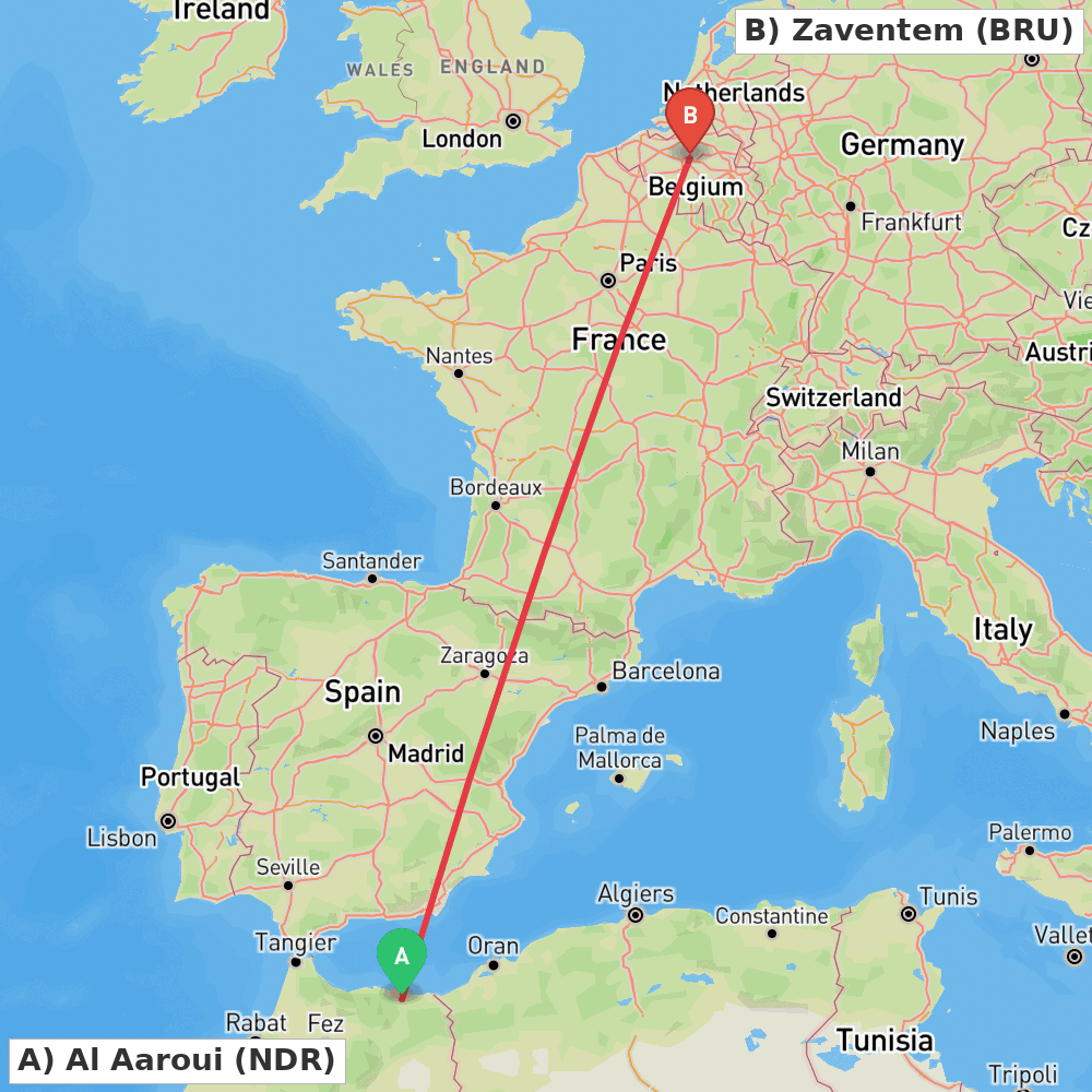 Flight route map from Al Aaroui to Zaventem