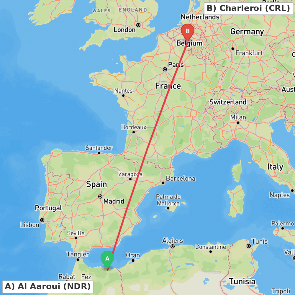 Flight route map from Al Aaroui to Charleroi