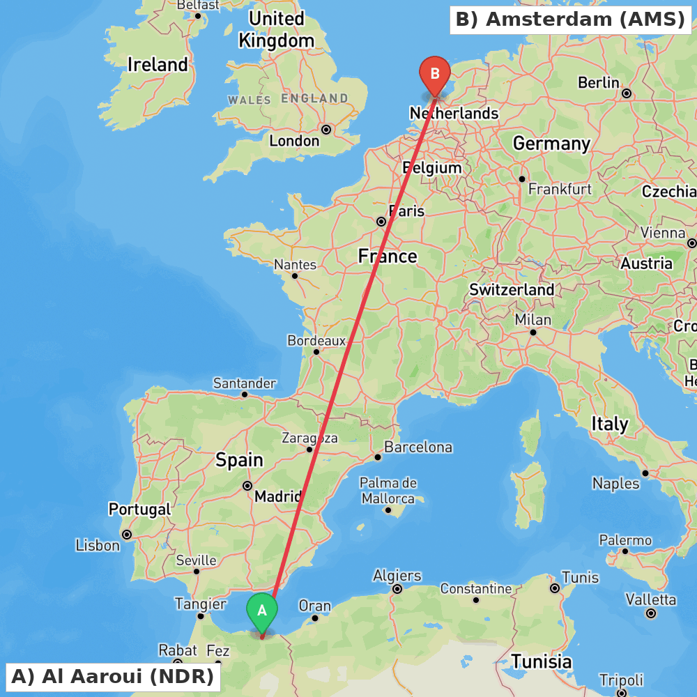 Flight route map from Al Aaroui to Amsterdam